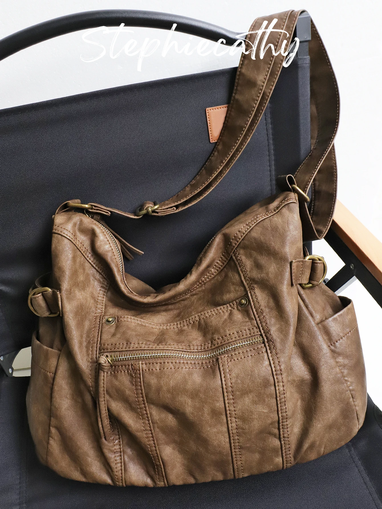 

SC Women Luxury Slouchy Washed PU Leather Shoulder Bag Multi Pockets Cross body Handbag Large Capacity Causal Hobo Commute Daily