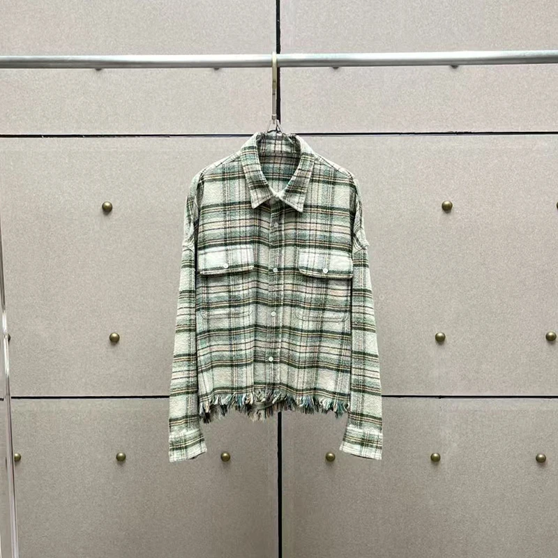 

Women's plaid washed vintage shirt, frayed hem top, fashionable casual loose-fitting jacket top, high-quality pure cotton, new
