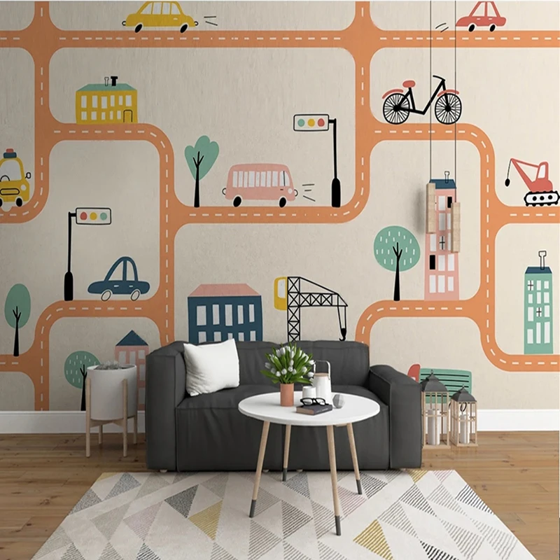 Cartoon Wallpaper For Kids Modern 3D Hand-painted Children's Room Car Building Road Pattern Learning Bedroom Custom Mural Decor