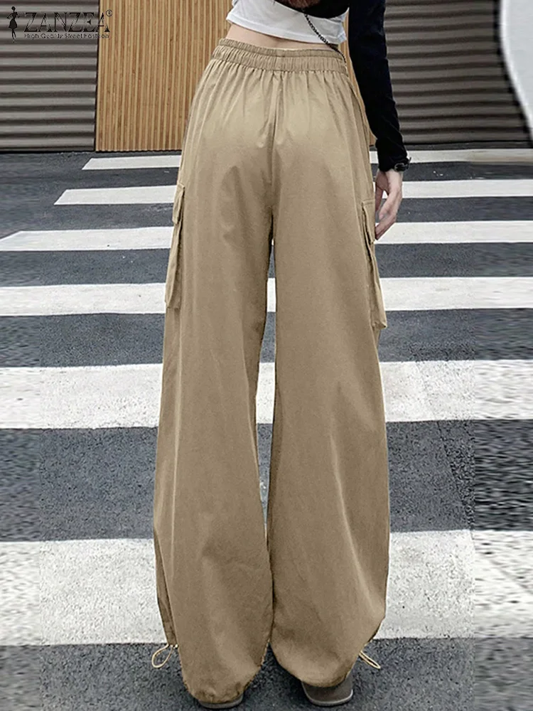 ZANZEA, pantalones largos de Color liso para mujer, pantalones elegantes de cintura alta a la moda con cintura elástica, pantalones Cargo holgados informales de gran tamaño 2025