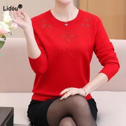 Fashion Elegant Diamonds Round Neck Women's Sweaters Autumn Winter Thick Long Sleeve Temperament Solid Color Knitted Pullovers