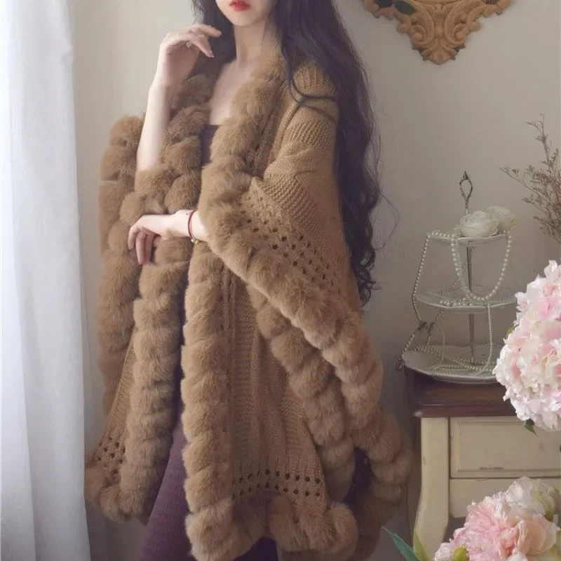 Cheongsam cape Outer cover Slouchy knit woolly cape thick Long style Autumn and winter Imitation fur coat Chinese style cloak