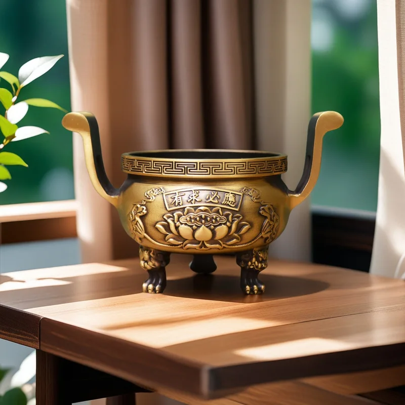 Large, all-brass lotus-shaped incense burner for offering to deities, featuring a three-legged design, suitable for Buddhist rit