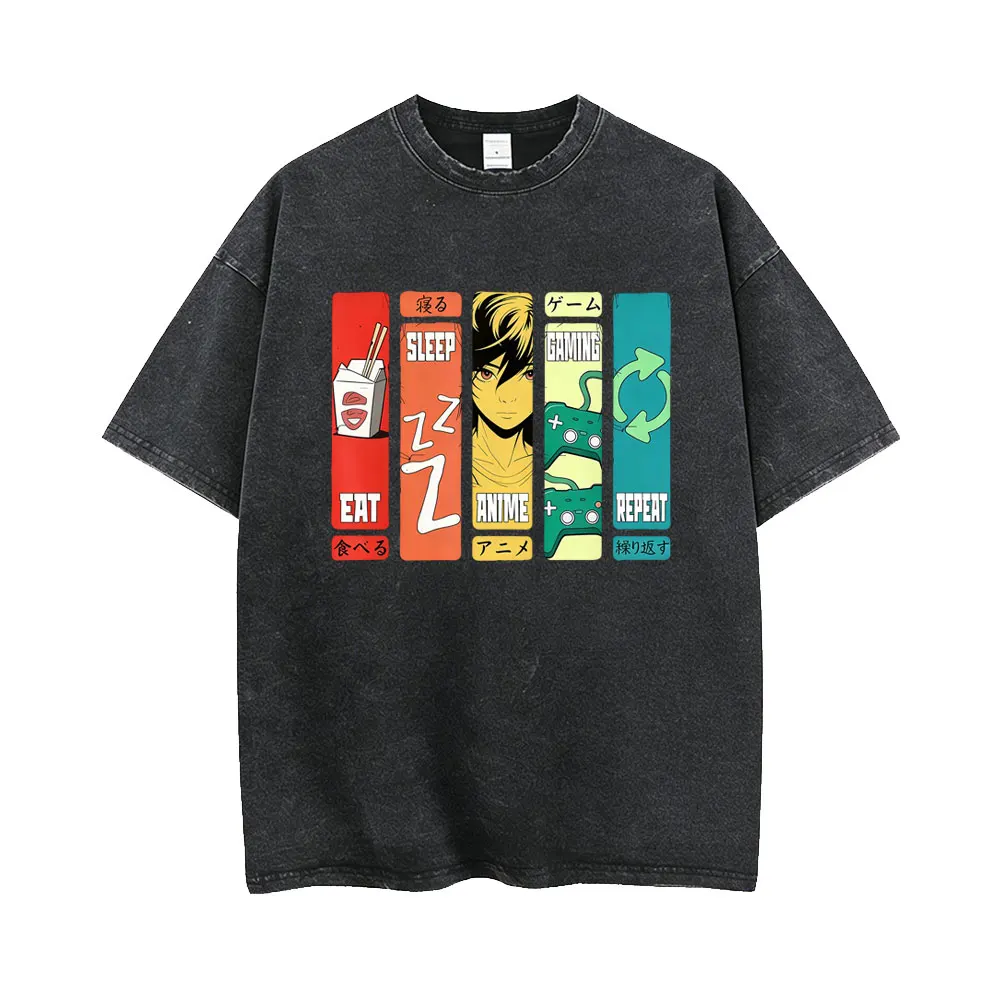 Eat Sleep Anime Gaming Repeat Washed Vintage T Shirt Men Women Fashion Casual Humor T-shirt High Quality Cotton Oversized Tshirt