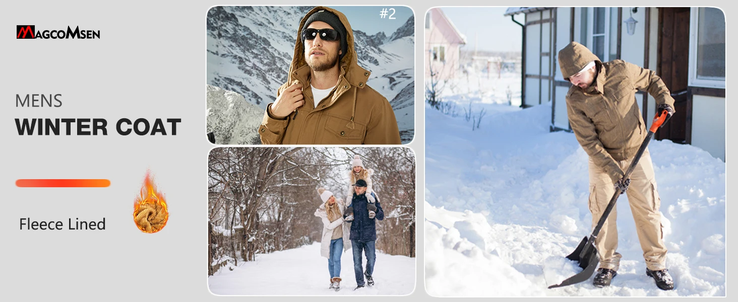 MAGCOMSEN Winter Jacket Men's Cotton Cargo Jacket Fleece Lined Thicken Work Coat Warm Parka Coat Detachable Hood Snow Ski Jacket