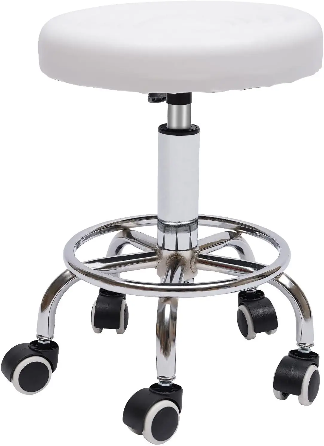 

PU Leather Modern Round Rolling Stool with Footrest Height Adjustable Spa Drafting Salon Chair Tattoo Work Massage Stools White