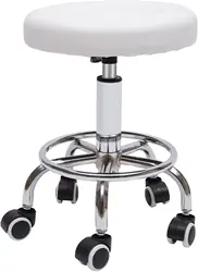 PU Leather Modern Round Rolling Stool with Footrest Height Adjustable Spa Drafting Salon Chair Tattoo Work Massage Stools White