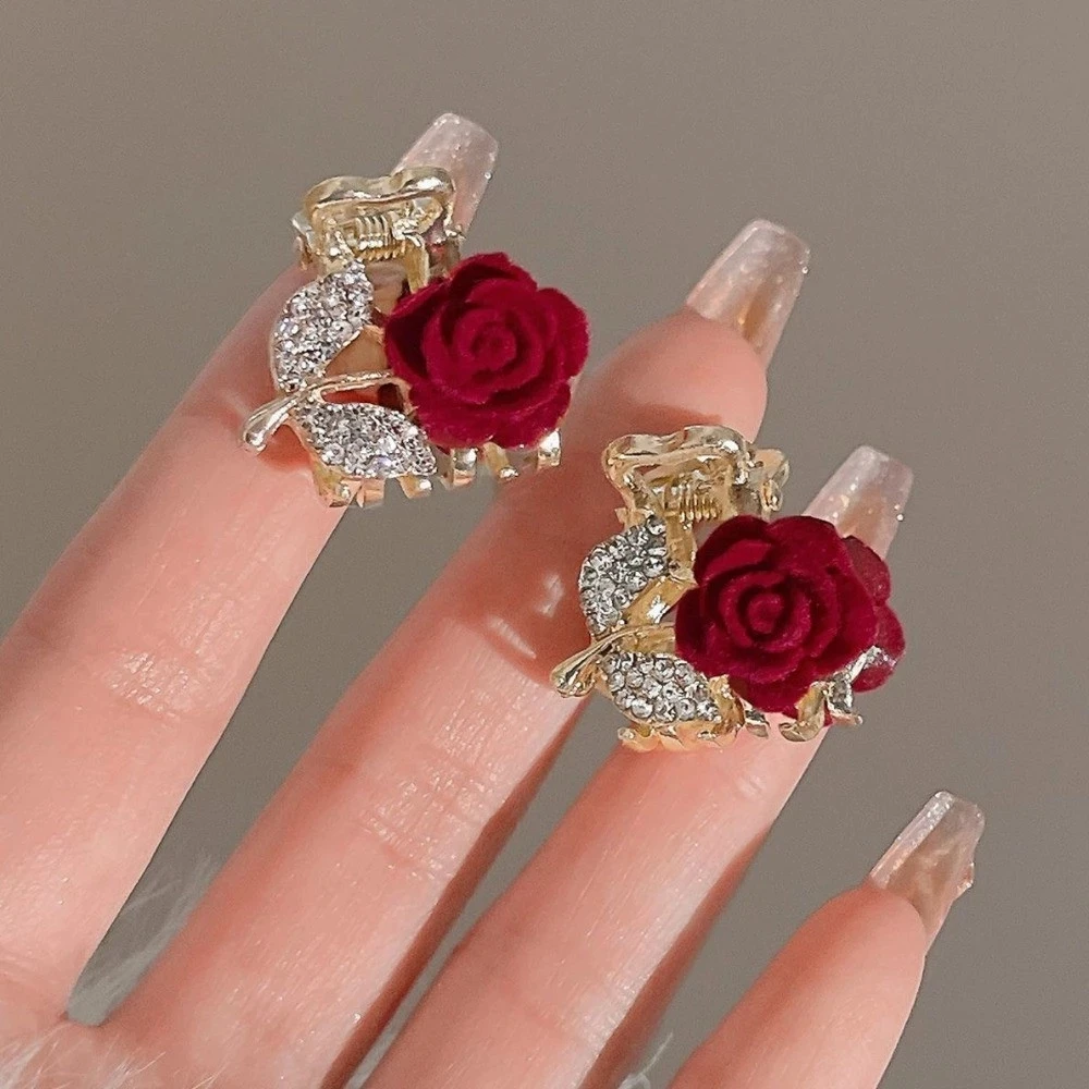 1 قطعة مقاطع الشعر الفاخرة حجر الراين روز الحلو الأحمر زهرة دبابيس الشعر للنساء إكسسوارات الشعر المشابك المجوهرات #5