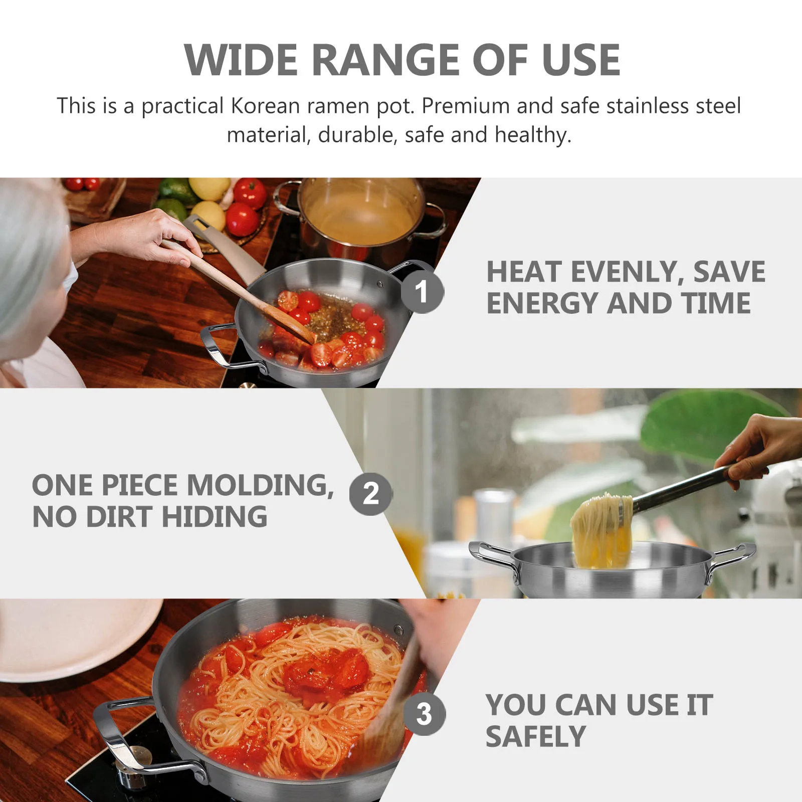 

1Pcs Korean Ramen Pot Stainless Steel Soup Pan Double Handled Thickened Seafood Cooking Household Pot Energy Saving Silver