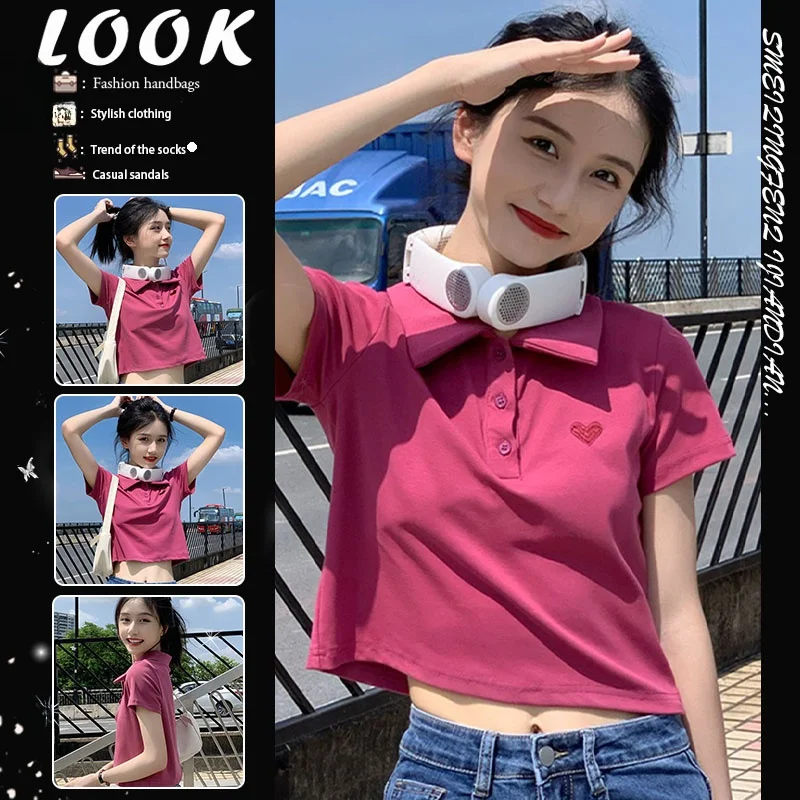 アメリカンスタイル純綿ポロネック半袖tシャツ-レディース-スリムフィット-ショート丈トップス-スイート＆スパイシーガール-サマー2026新作