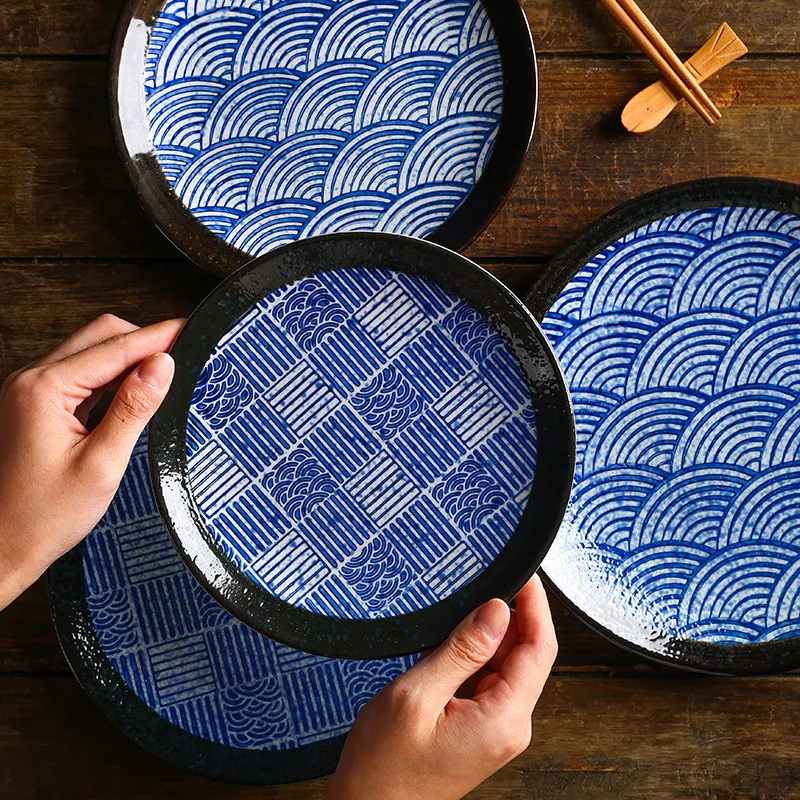 Japanese Blue And White Wave Pattern Tableware Ceramic Dinner Plate Household Flat Plate Sushi Plate Breakfast Plate