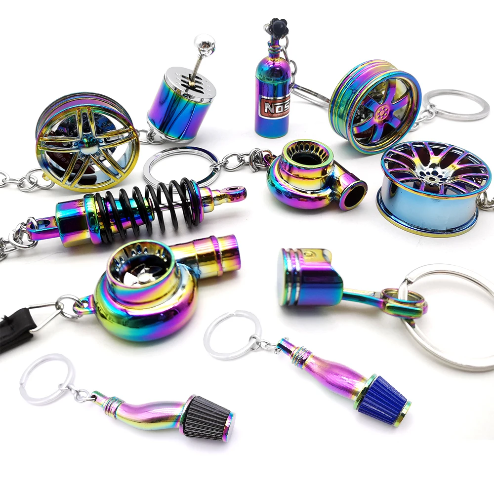 NEO Chrome Car Parts Keychain Metal Keyring Wheel Hub Nitrogen Gas Bottle Shock Absorber Key Chain Whistle Turbine Auto Interior