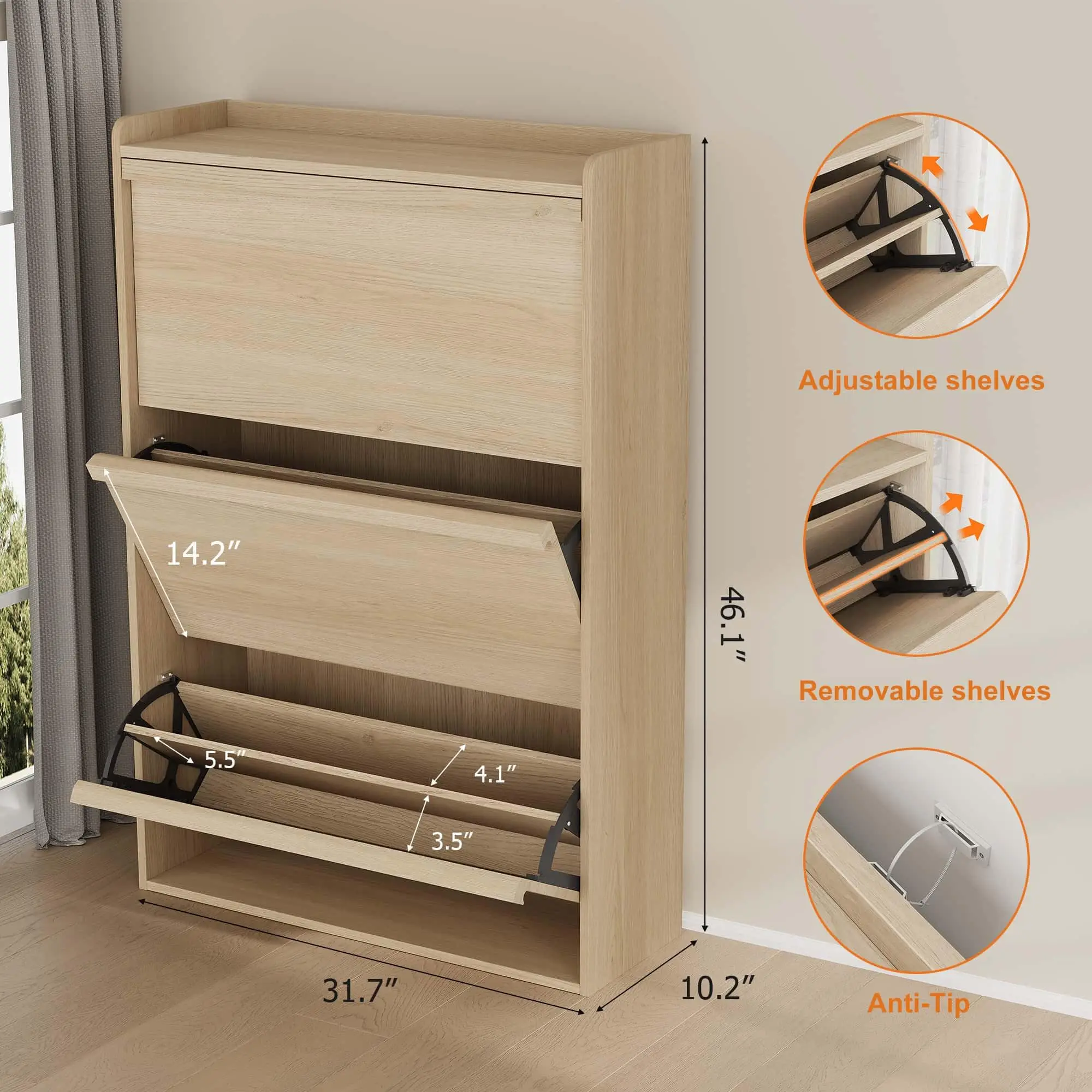 3 Flip Drawer Shoe Cabinet 46.1in Slim Freestanding Shoe Storage Organizer With Adjustable Shelves For Entryway Hallway Home Use