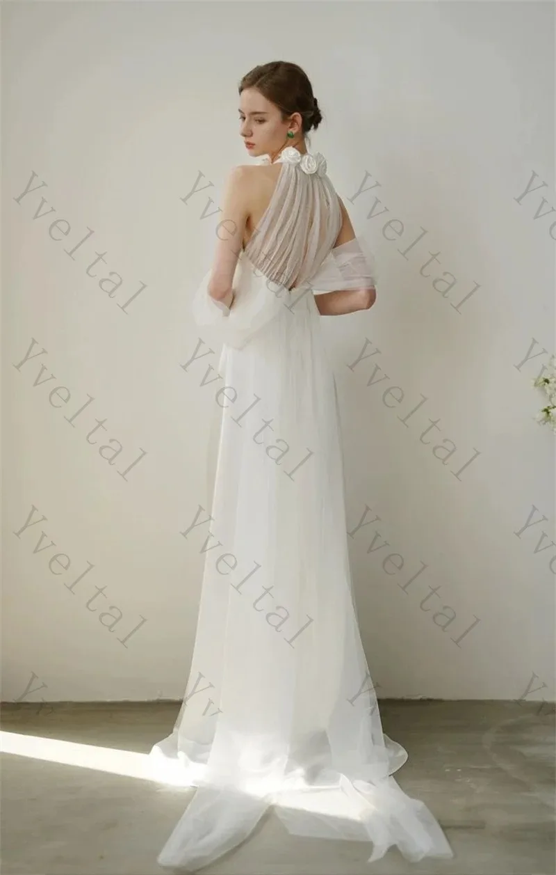 Customized Graceful Temperament Handmade Flowers Collar Floor-Length Wedding Dresses Waist Sleeves Charming Bridal Gown