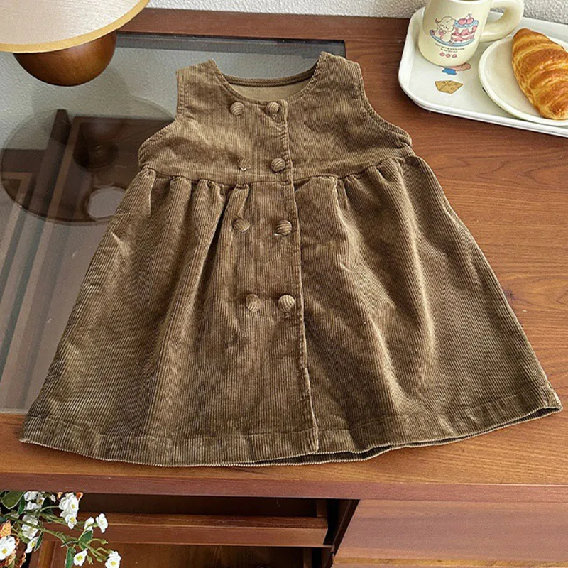 Kids Corduroy Dress Sleevless Big Girls Dresses Army Green Jumper Skirts Party Toddler Clothing 2 3 4 5 6 7 8 9 10 Years