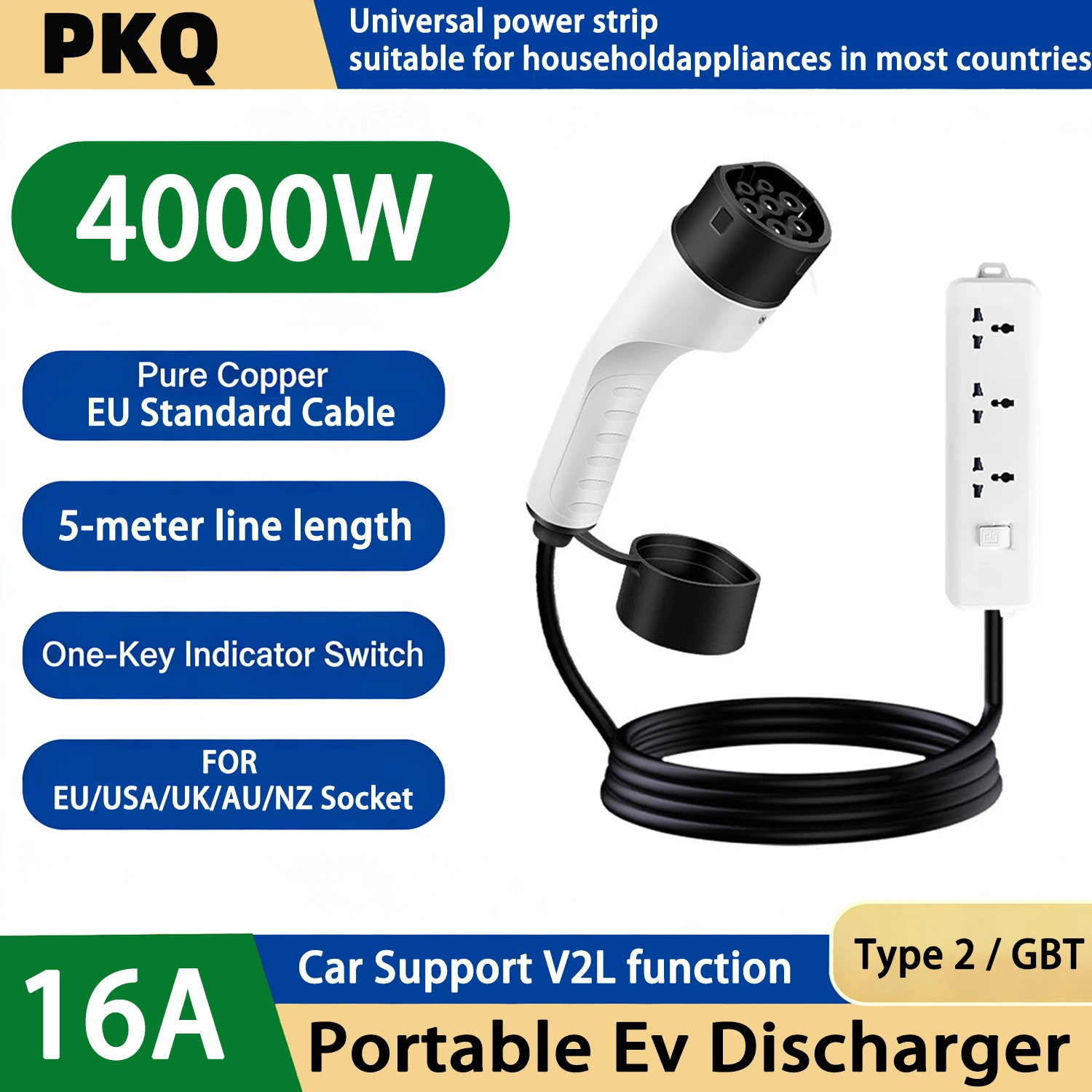 V2L Type2/GBT Discharger for EU/USA/UK Socket EV Charger V2L Adapter 16A for Type2 GBT Cars Need Car Support V2L Function