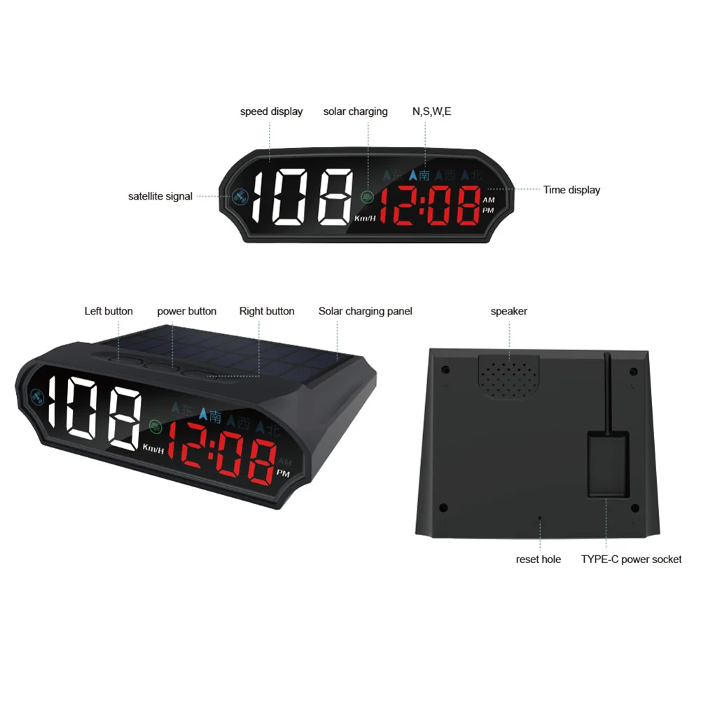 Solar Head Up Display GPS + Digital Car Speedometer Intelligent Light Sensing HUD & Compass Car Instrument Panel Accessories