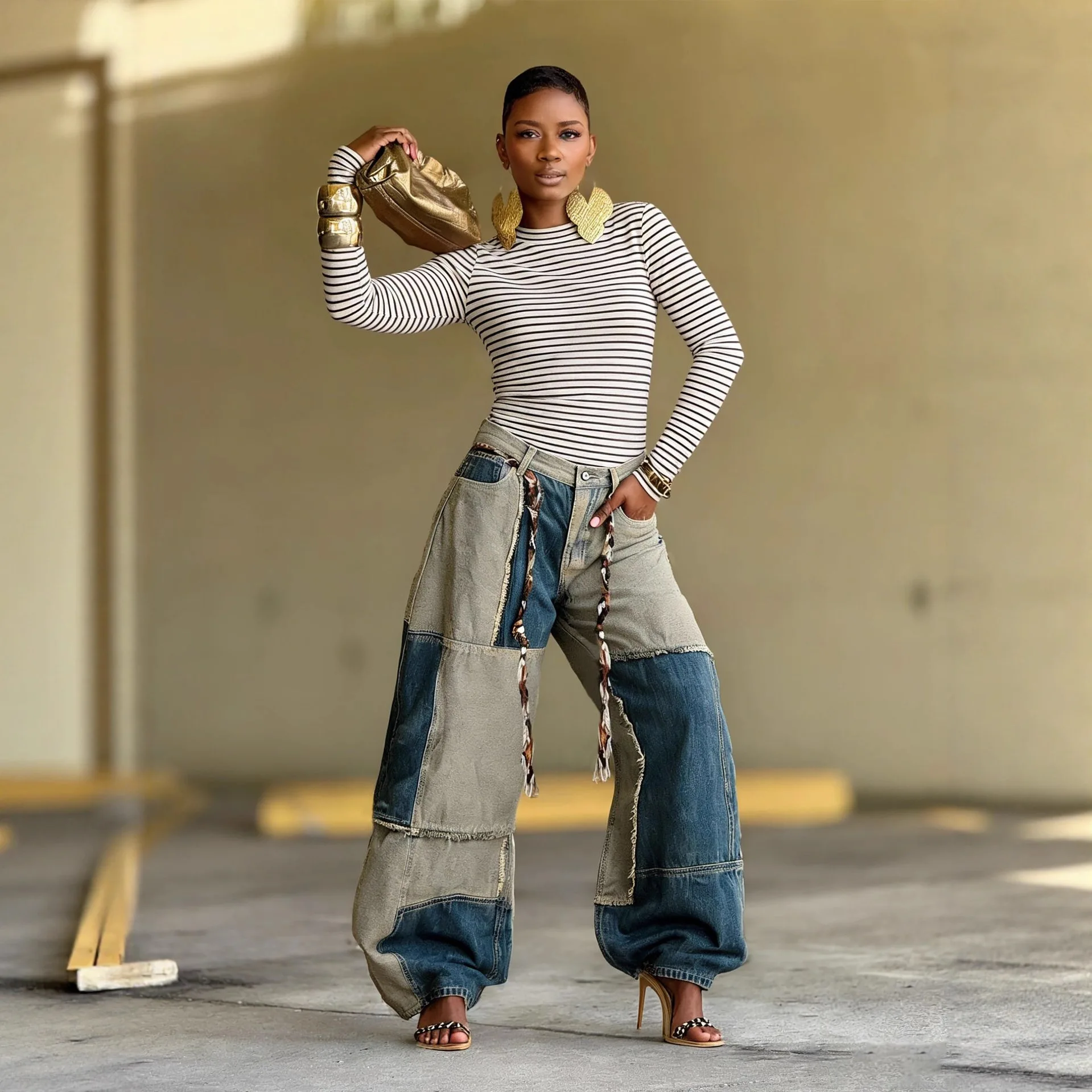 Women Color-coded Spliced Wide Leg Straight Loose Fit Drawstring Denim Trousers Four Seasons Vintage New Fashion Female Jeans