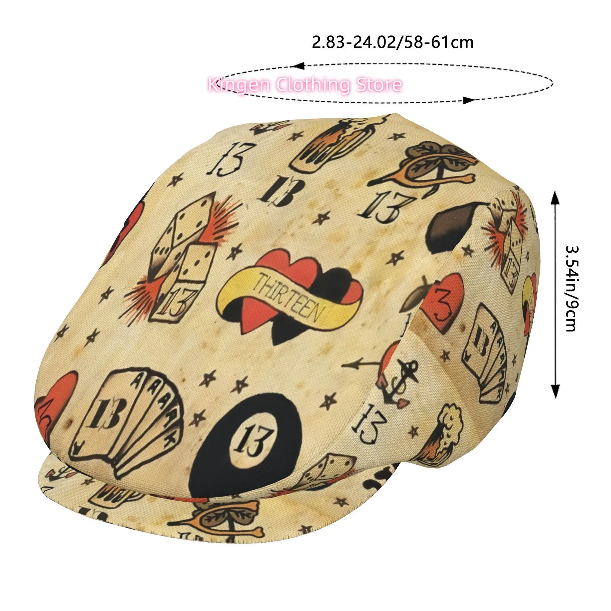 1pc Thirteen Unlucky Tattoo Illustration Guide All-over Printed Beret, Retro Newsboy Cap, Unisex, a Must-have Fashion Accessory