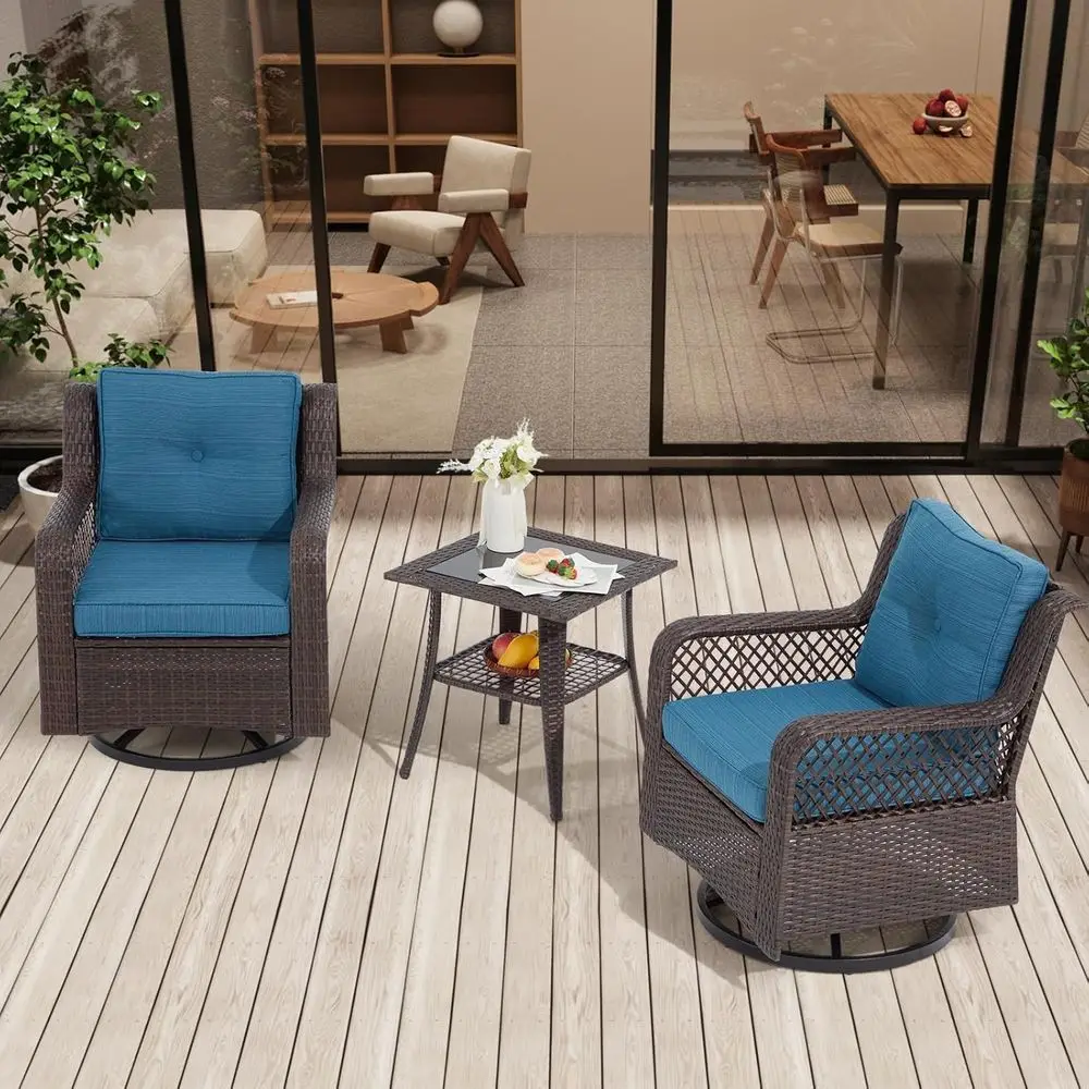 

Blue 3-Piece Patio Swivel Chairs Set with Wicker Rocking Chair and Side Table for Outdoor Garden, Backyard