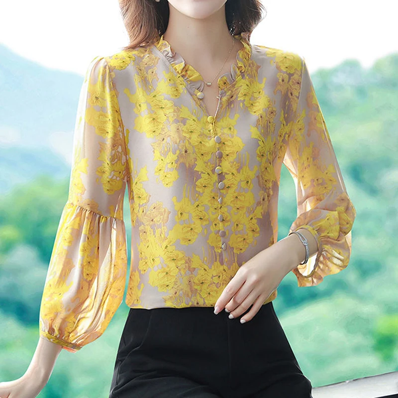 Elegant Female Blouses Floral Print V-neck Thin Puff Three Quarter Sleeve Shirt And Blouses Top Women\'s Clothing Trend 2024 New