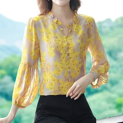 Elegant Female Blouses Floral Print V-neck Thin Puff Three Quarter Sleeve Shirt And Blouses Top Women's Clothing Trend 2024 New