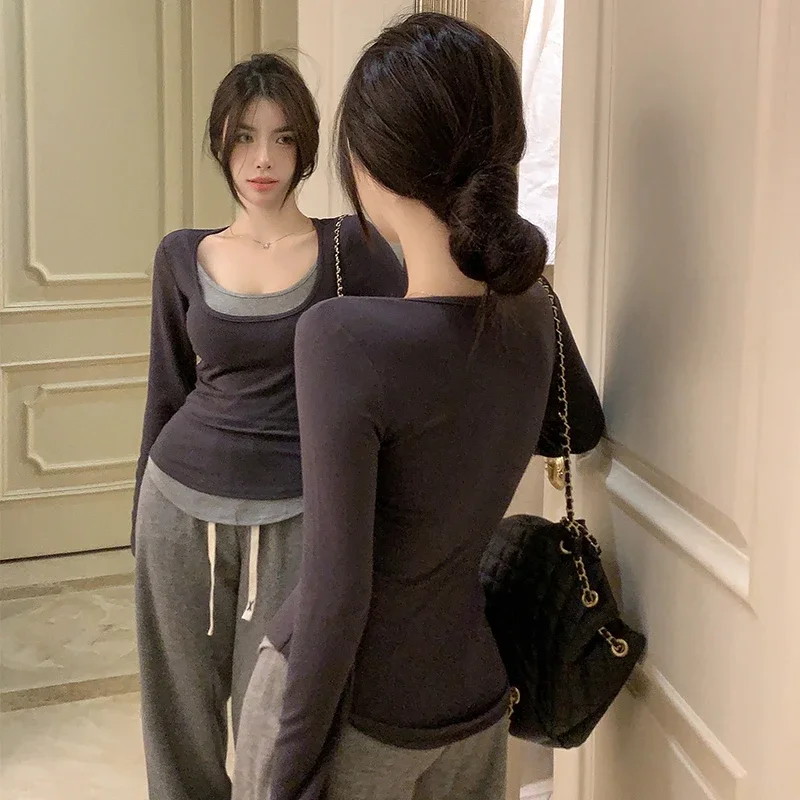 Chic Fake Two Piece Long Sleeve T-shirts Women Fashion Low Cut Sexy Hot Young Popular All-match Female Slim Tops Leisure Ins New