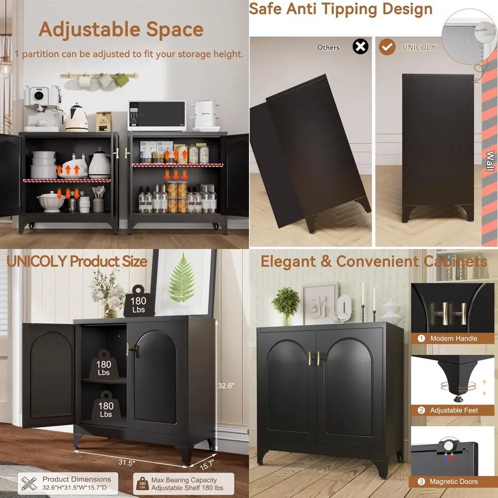 

33 High Sideboard Storage Cabinet with Doors and Shelves, Metal Dining Room Furniture, Living Room, Assembly Required, Black