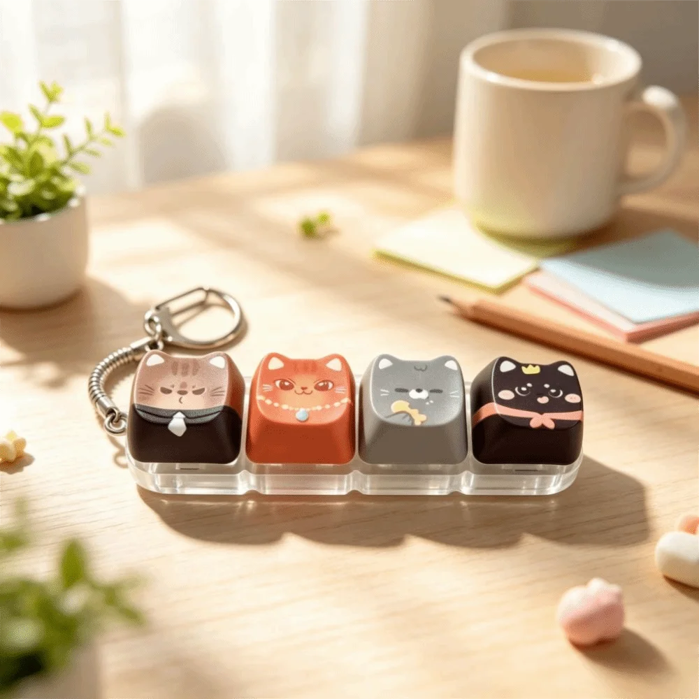 Finger-Tip Pressing Button Cat Fidget Clicker Keychain Cute Cat Kawaii Keycap Keychain Creative 4-Key Finger Keyboard Pendant