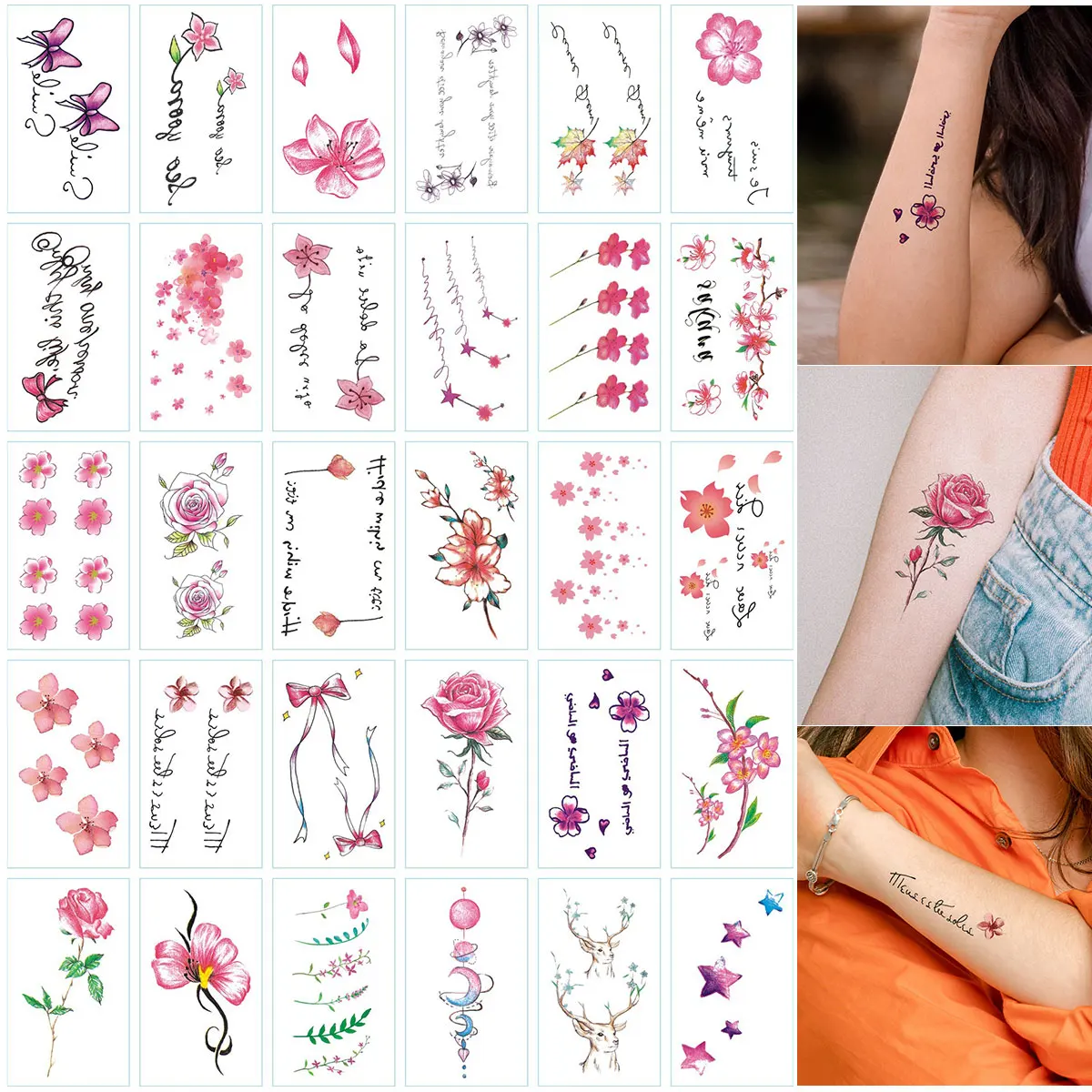 

30 Sheets/Pack Flower English Words Temporary Tattoo Sticker,Small Size Body Arm Finger Wrist Ankle Shoudler Fake Tattoo Sticker