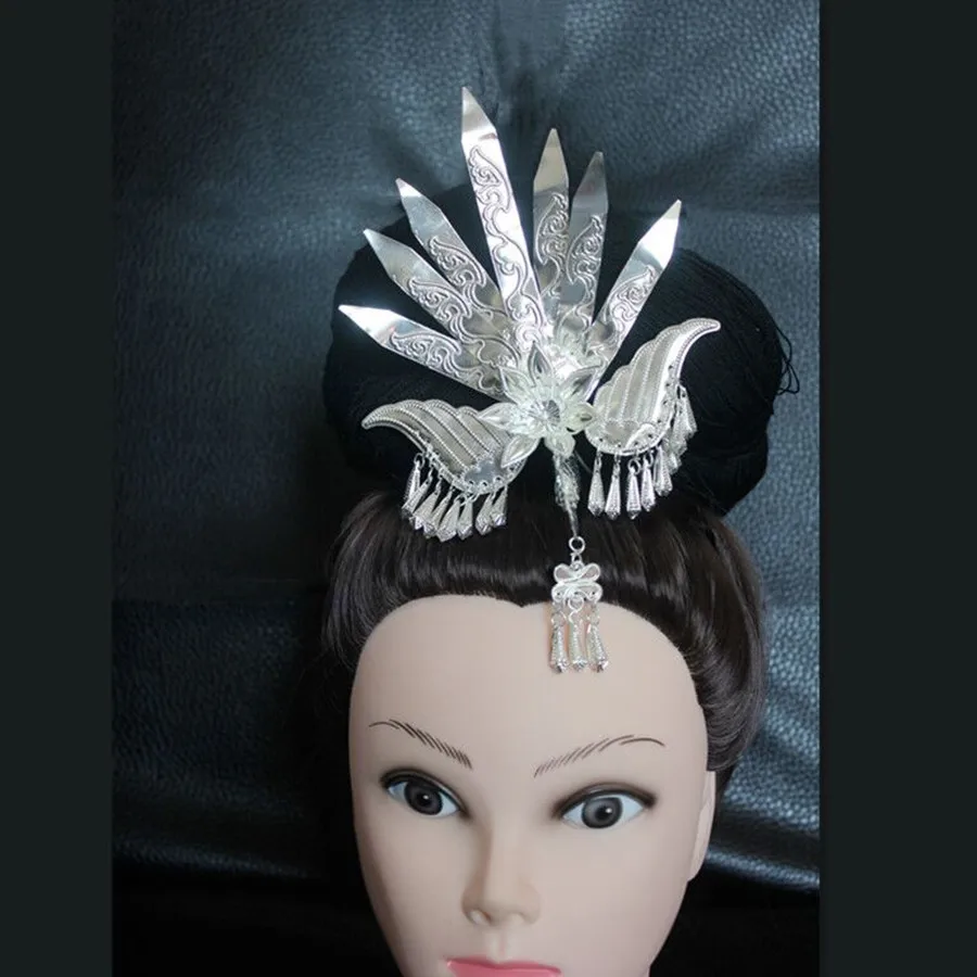 Miao Silver Headdress Stage Dance Wear Chinese Minority Headwear Ornaments Miao Hair Flower