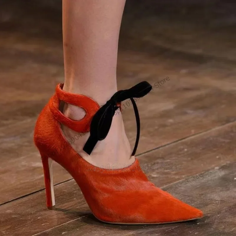 

Orange Fur Bow Knot Decor Pointed Toe Pumps Front Strap Women Shoes Thin High Heels Sexy Fashion Runway 2023 Zapatos Para Mujere