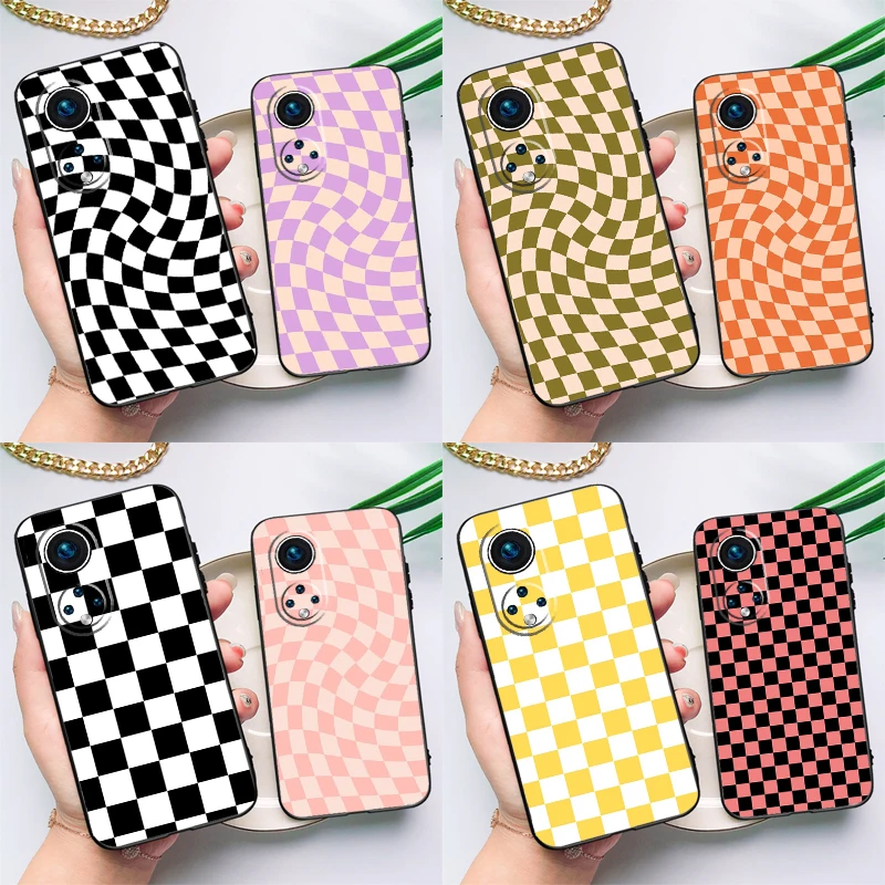 Checkerboard Pattern Mustard Yellow For Huawei Honor Magic 5 Lite 70 50 X8 X9 a P20 P30 P40 P50 P60 Pro P Smart Nova 9 5T Case