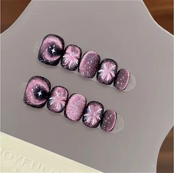 10Pcs Handmade Press on Nails Full Cover Cute Cat Eye Glitter Design Short Ballerina False Nails Wearable Manicure Nail Tips Art
