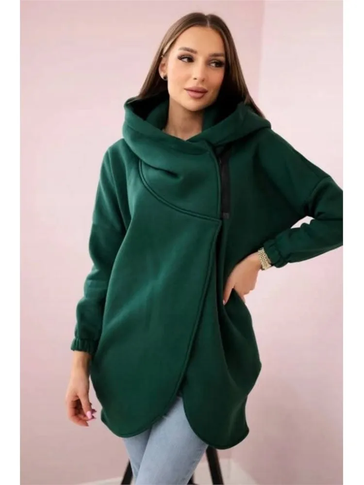 Women Fashion Irregular Zipper Fleece Sweatshirt Hooded Autumn Winter Casual Solid Color Long-sleeved Loose Coat Female Hoodie