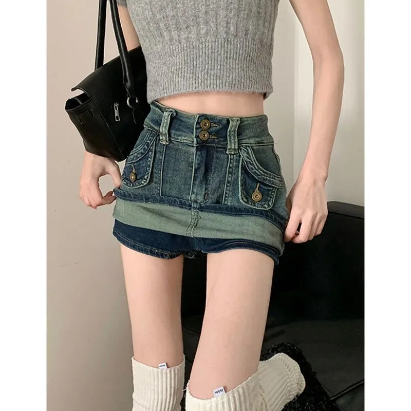 American Retro Hotsweet Summer Denim Skirts Women New Pocket Button Fashion Youth High Waist Slim Bag Hip Cowboy A-line Skirt