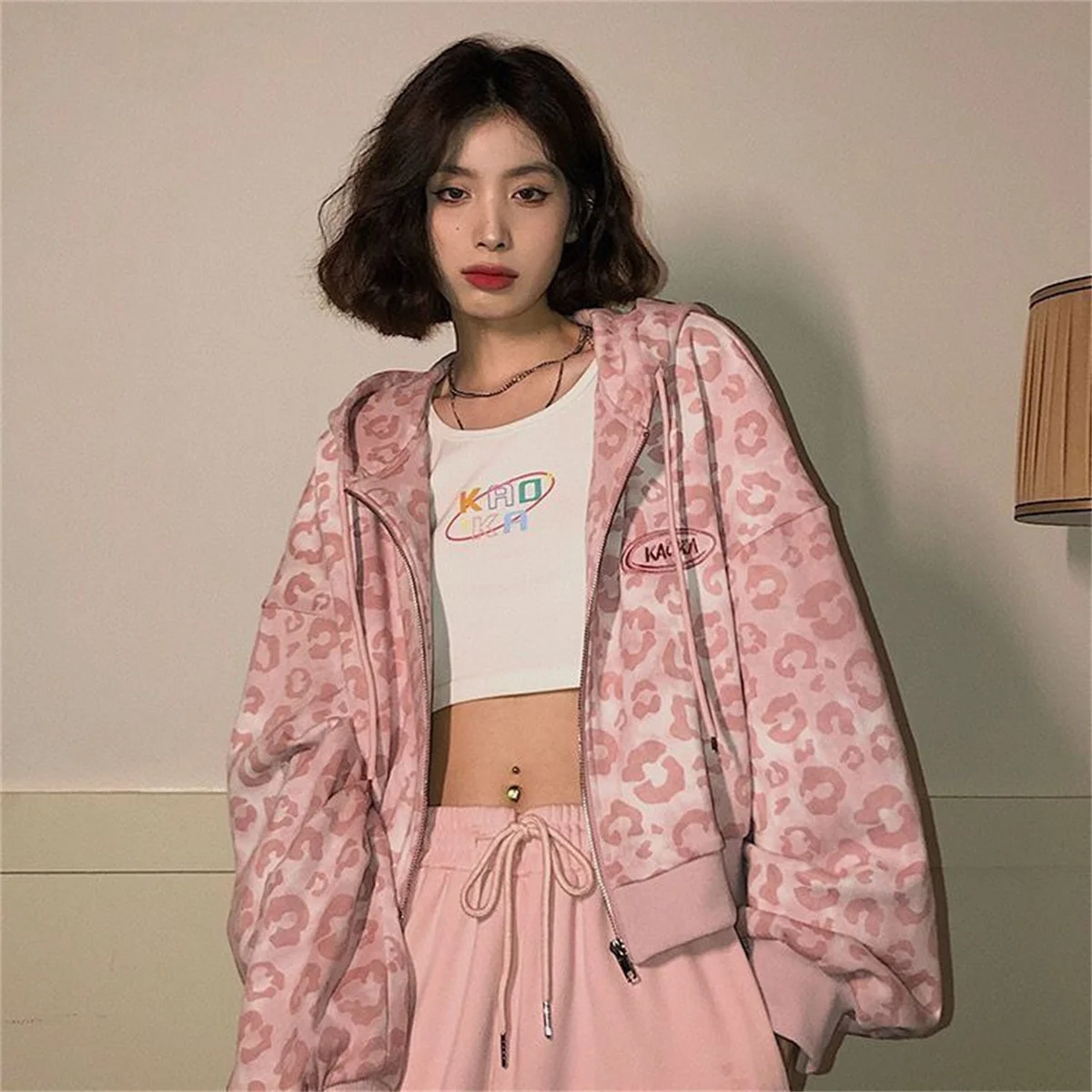 Cool Pink Leopard Print Hoodie Sweatshirt Women Spring Autumn Punk Hoodies Tops Females Outwear Clothes Zip Up Crop Tops Girl