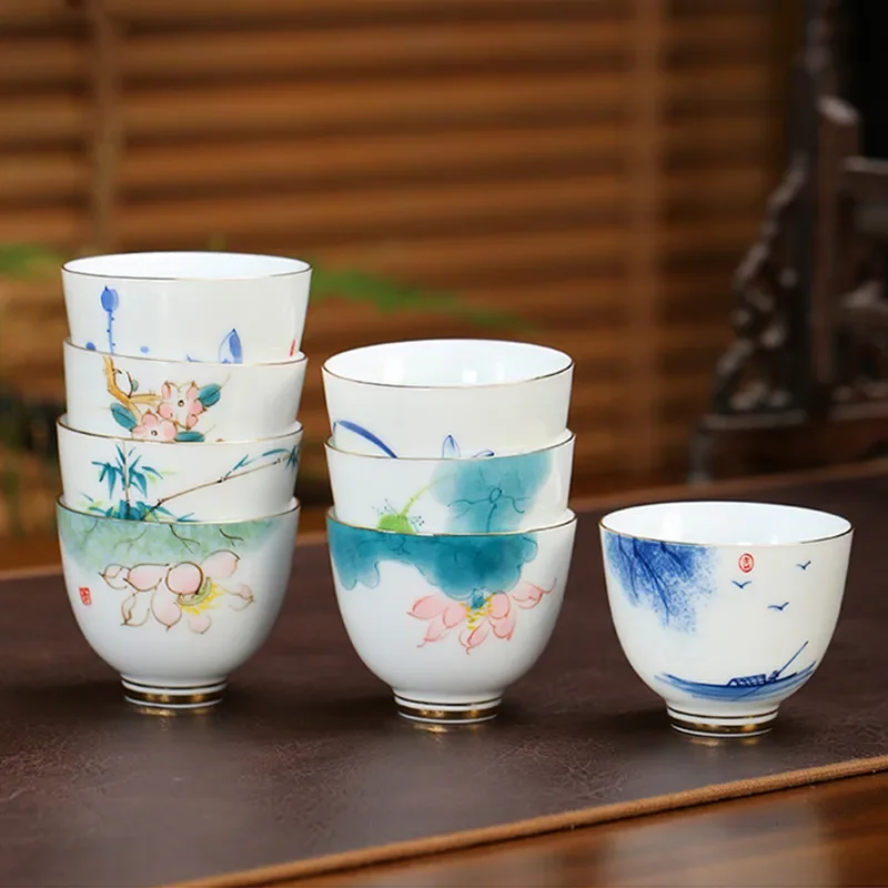 Chinese Ceramic Teacup Hand Painted Flower Pattern Boutique Tea Bowl Meditation Tea Cup Household Porcelain Tea Set Accessories
