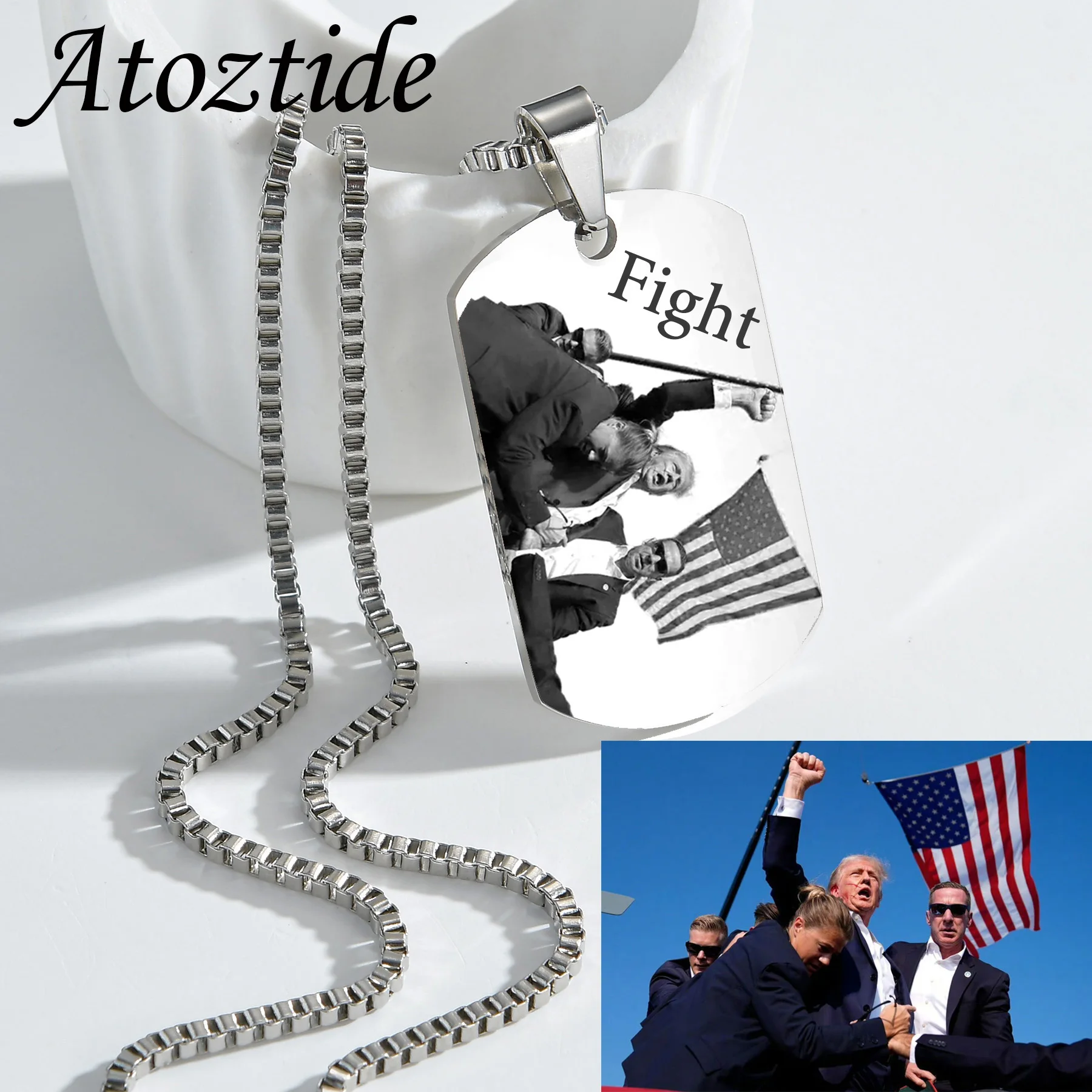 Atoztide Personalized Custom FIGHT Donald Trump's Iconic Moment Photo Square Rectangle Necklace Stainless Steel Jewelry Gift