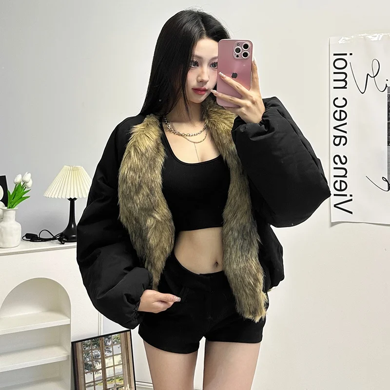 

Женская куртка SylCue Faion с меховым воротником, уличный стиль, однотонная, зимняя, новинка, на молнии, свободный крой