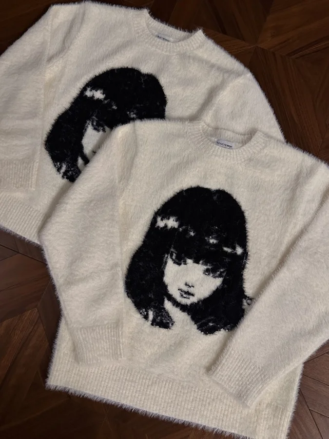 

Autumn Winter Girls Portrait Embroidered Camere Knitted Sweater round Ne Loose Fit Ci Walk Campus Casual Faion Urban ...