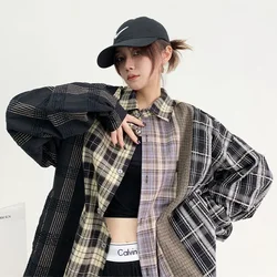 QWEEK Vintage Patchwork ekose gömlek japon tarzı boy kadın bluz kore Streetwear uzun kollu üstleri Harajuku moda