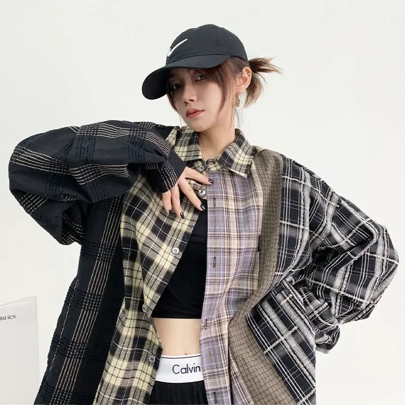 QWEEK Vintage Patchwork Plaid Shirt Japanese Style Oversized Women's Blouse Korean Streetwear Long Sleeve Tops Harajuku Fashion