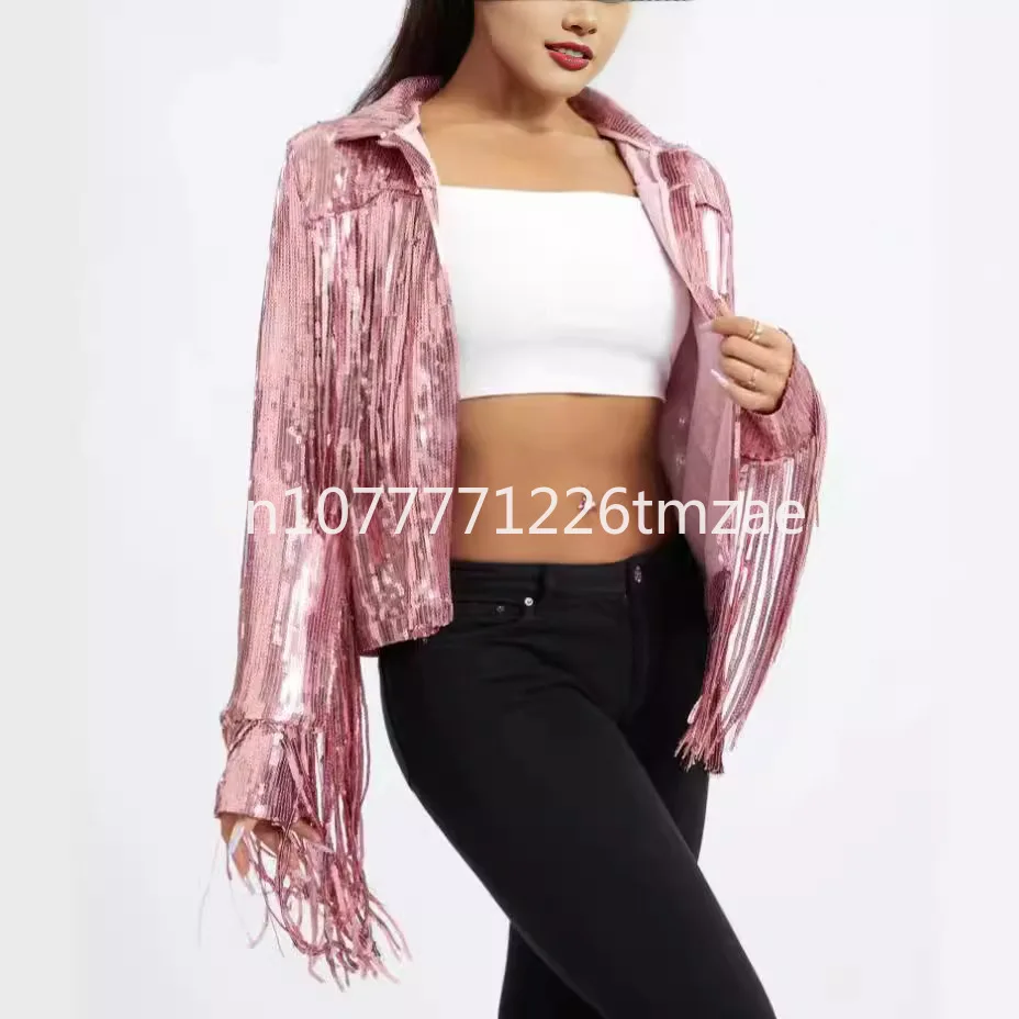 Women's 2023 European and American New Sequined Tassel Coat Celebrity Same Style Sequin Top with Lining