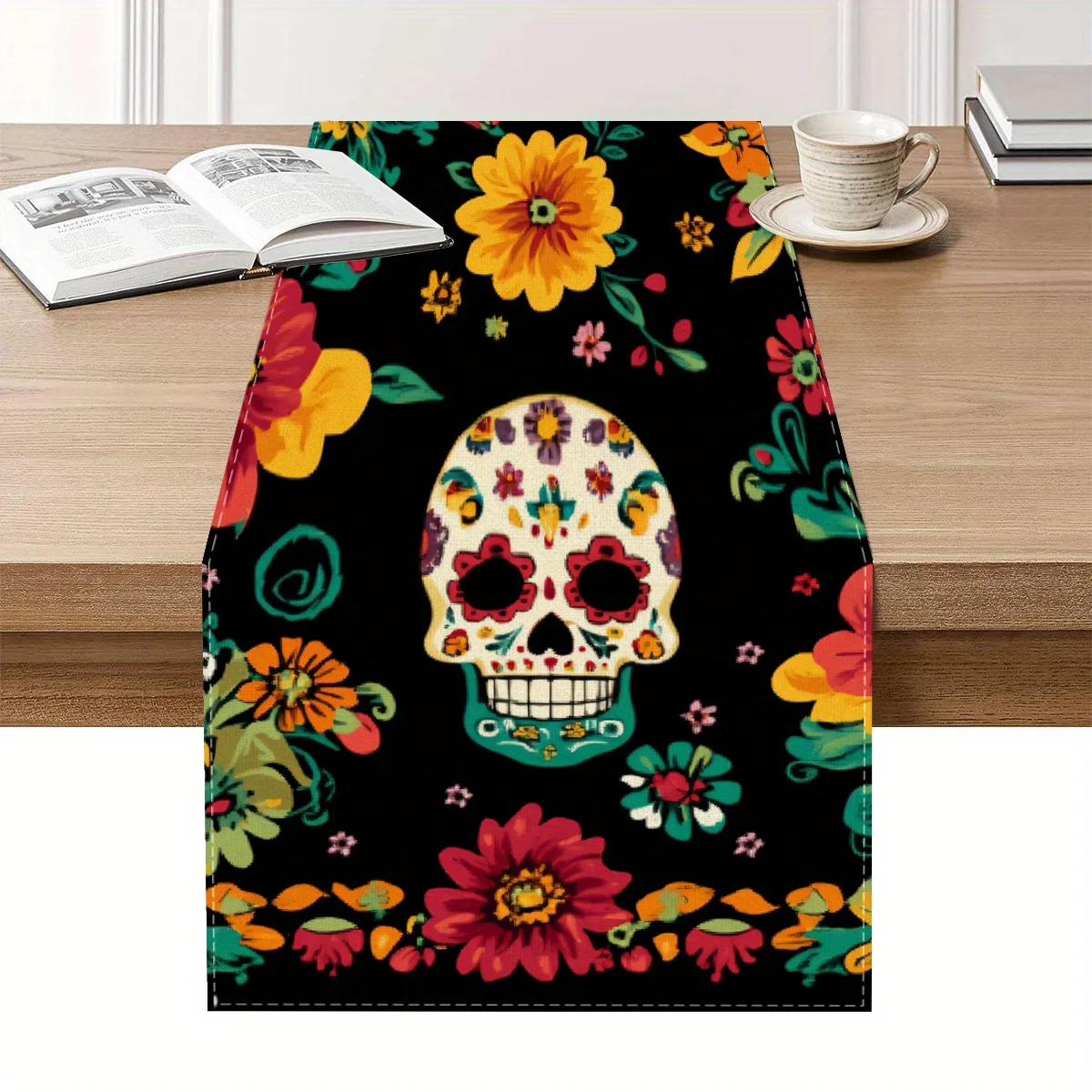 

Mexican Day of The Dead Colorful Floral Sugar Skull Linen Table Runner Mexico Dia De Los Muertos Table Runners Table Decoration