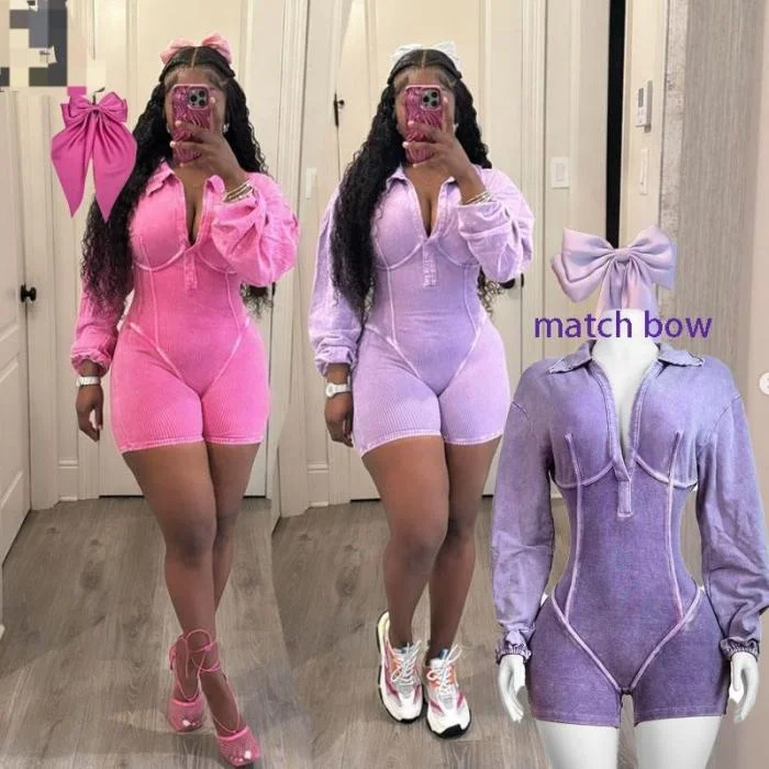 Women\'s Washed Romper Bodycon One Piece Butt-lifting Jumpsuits With Bow Casual Workout Woman Streetwear 2024