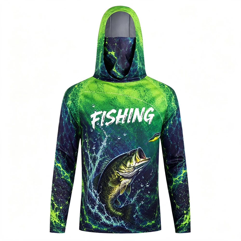 Men UPF50+ Hooded Fishing Shirt With Face Mask Long‑Sleeve Quick‑Dry Anti‑UV Bass Fish Ocean Print Outdoor Fisherman Jersey