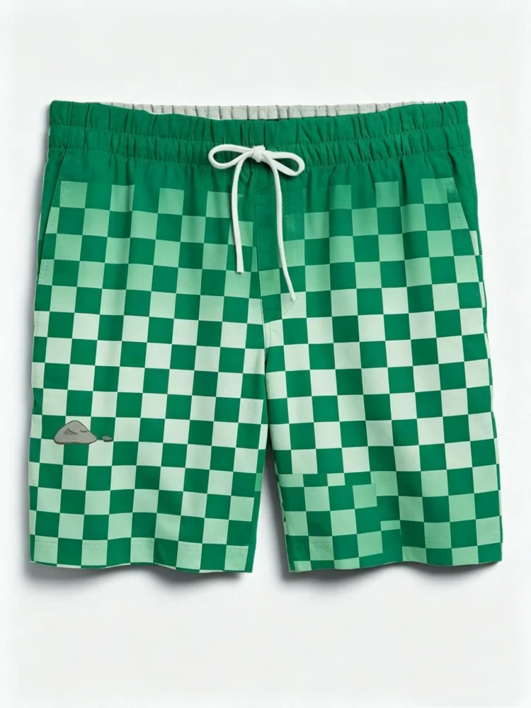 

Men Straight Fit 5 Inch Green Gradient Checkerboard Drawstring Waist Casual Beach Shorts With Side Pockets