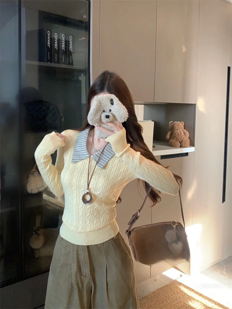 

Женский вязаный свитер с v-образным вырезом, длинный свек, внутренняя одежда, базовый слой, искусственный зимний комплект из двух предметов, новый цветной облегающий топ