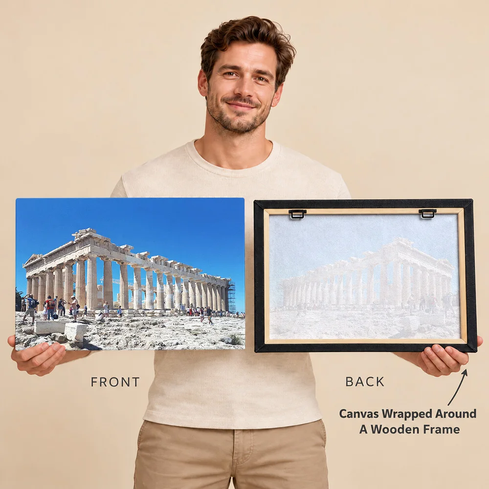 Parthenon Acropolis Athens Wood Framed Canvas Print Personalized Photo Ancient Architectural Perspective Wall Art For Entryway